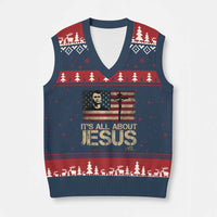 Charlie Kirk V-Neck Knit Sweater Vest Its All About Jesus  USA Flag Patriotic Christian - Wonder Print Shop