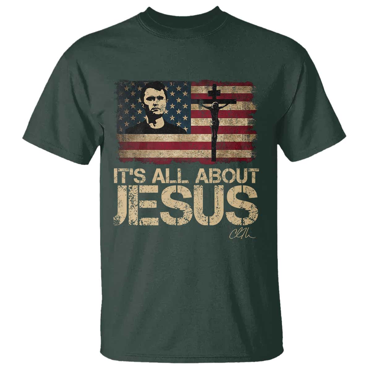 Charlie Kirk T Shirt Its All About Jesus  USA Flag Patriotic Christian - Wonder Print Shop