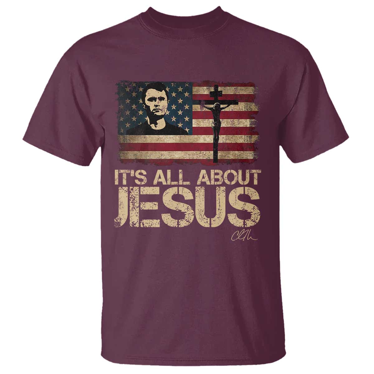 Charlie Kirk T Shirt Its All About Jesus  USA Flag Patriotic Christian - Wonder Print Shop