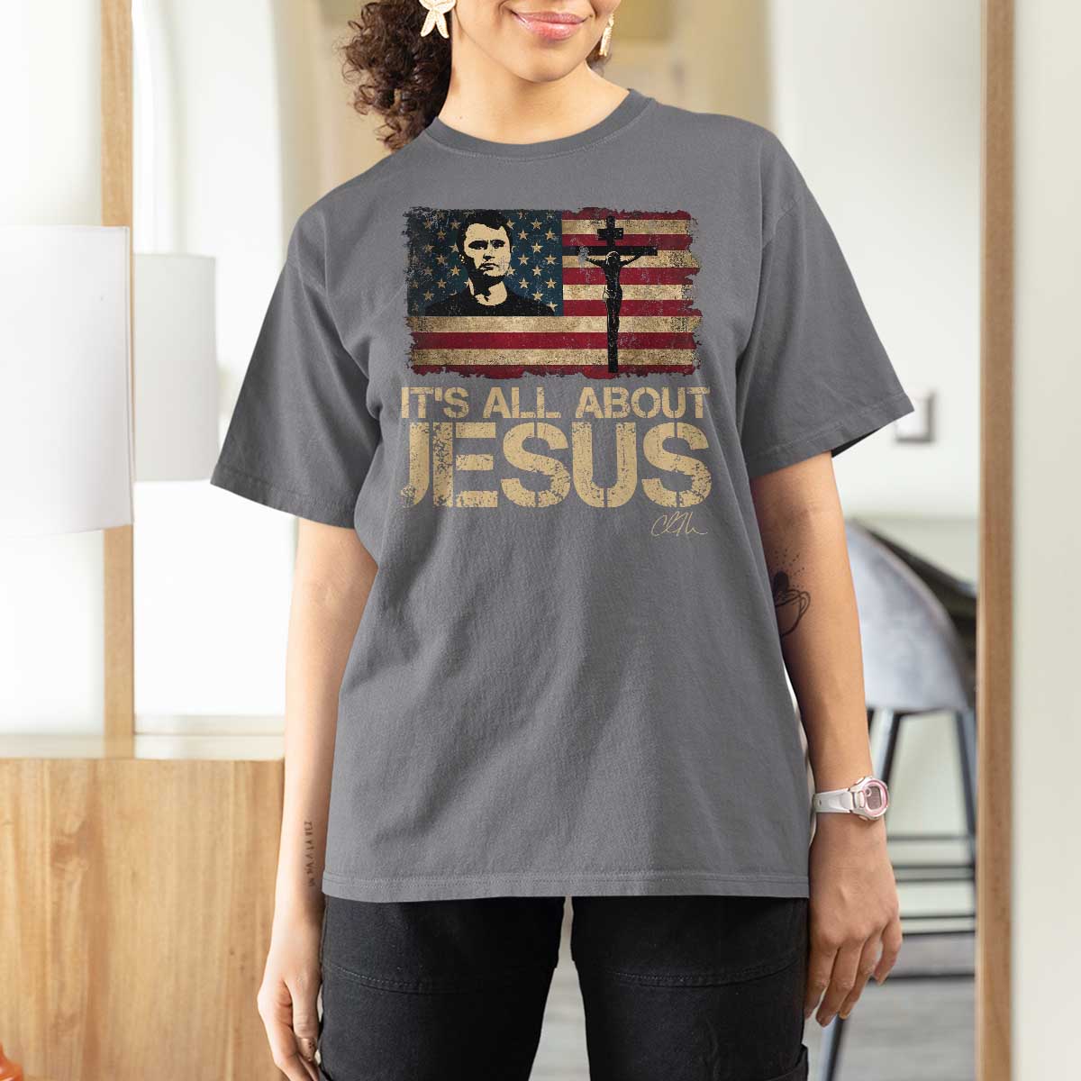 Charlie Kirk T Shirt For Women Its All About Jesus  USA Flag Patriotic Christian - Wonder Print Shop