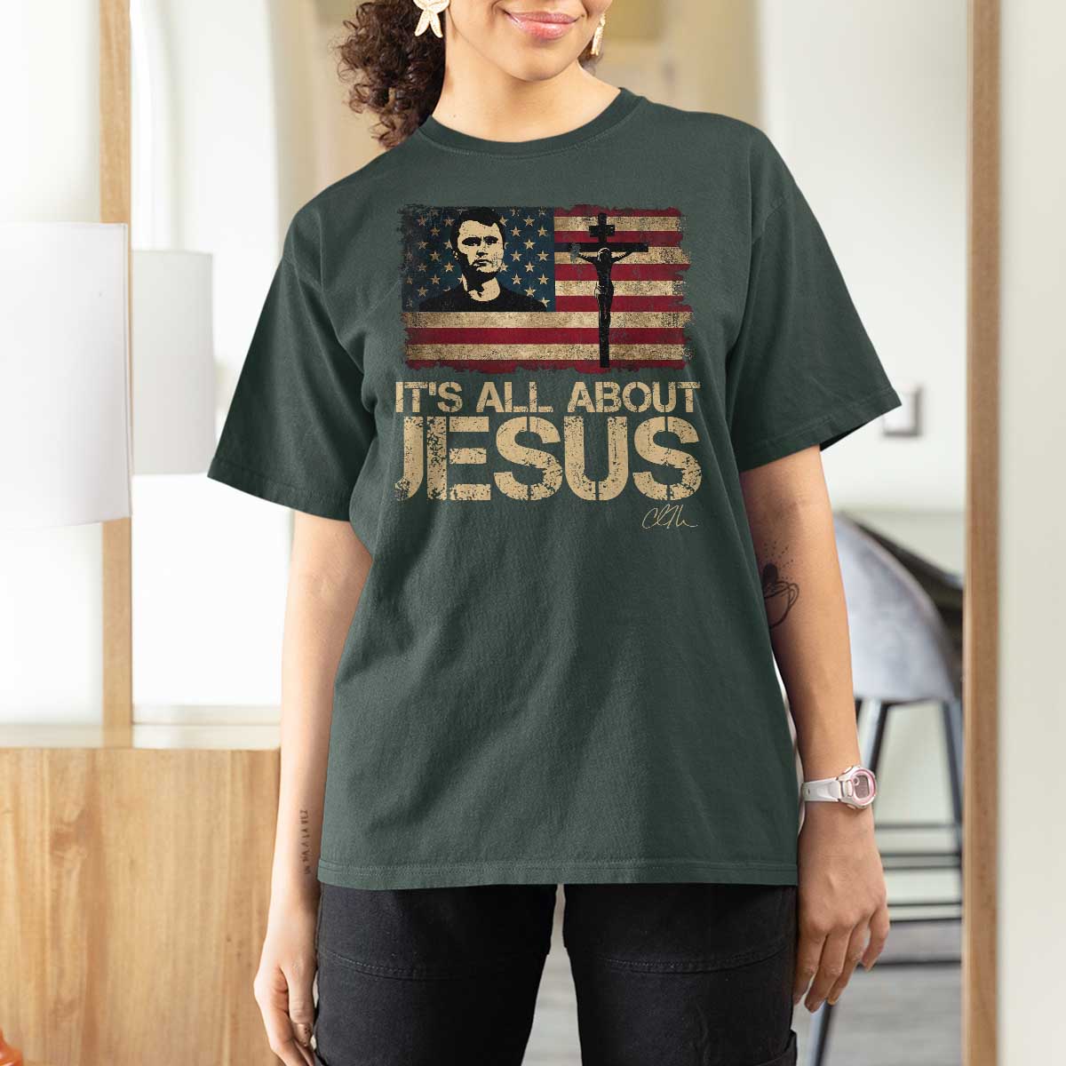 Charlie Kirk T Shirt For Women Its All About Jesus  USA Flag Patriotic Christian - Wonder Print Shop