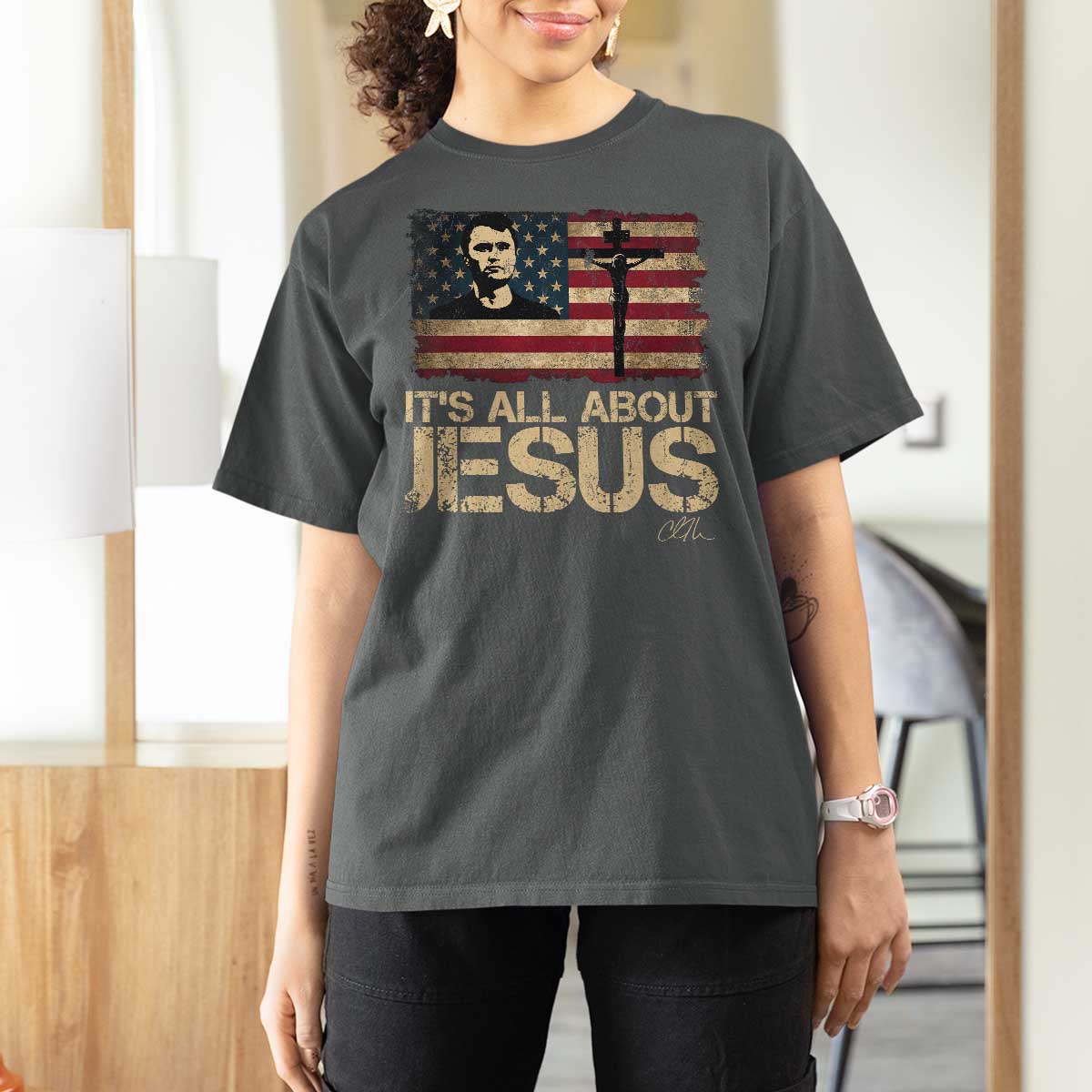Charlie Kirk T Shirt For Women Its All About Jesus  USA Flag Patriotic Christian - Wonder Print Shop