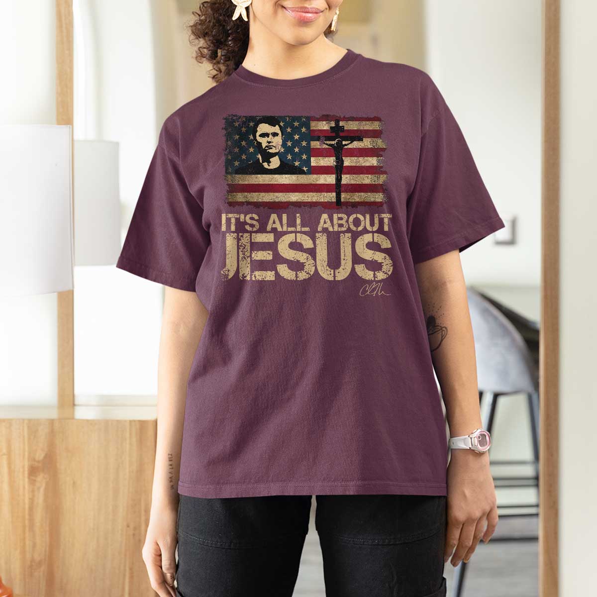 Charlie Kirk T Shirt For Women Its All About Jesus  USA Flag Patriotic Christian - Wonder Print Shop