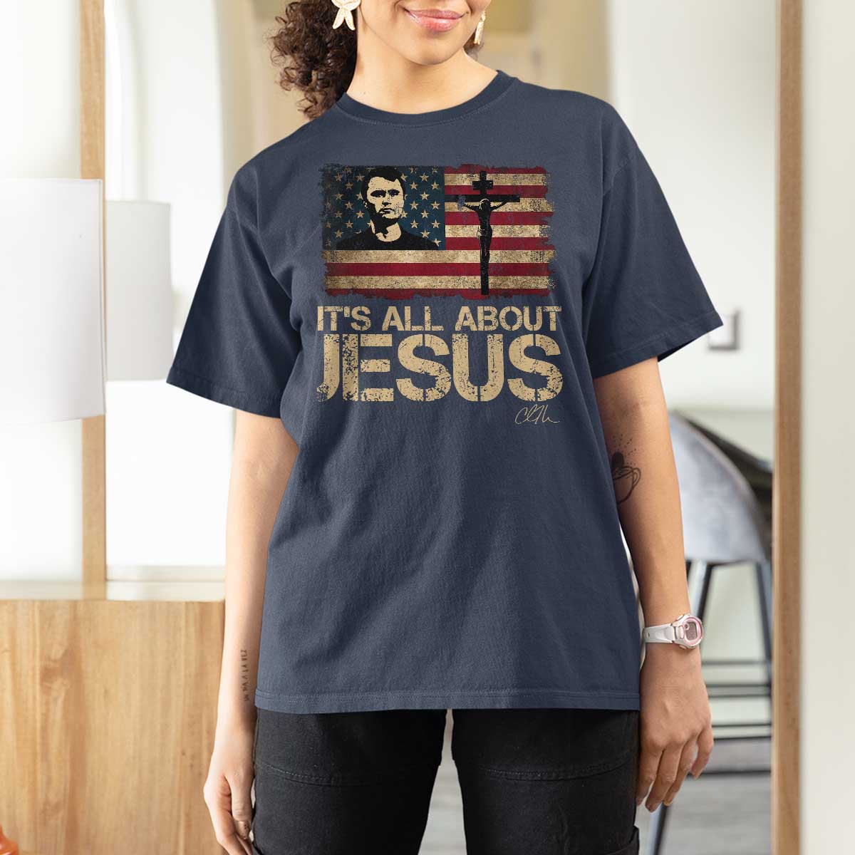Charlie Kirk T Shirt For Women Its All About Jesus  USA Flag Patriotic Christian - Wonder Print Shop