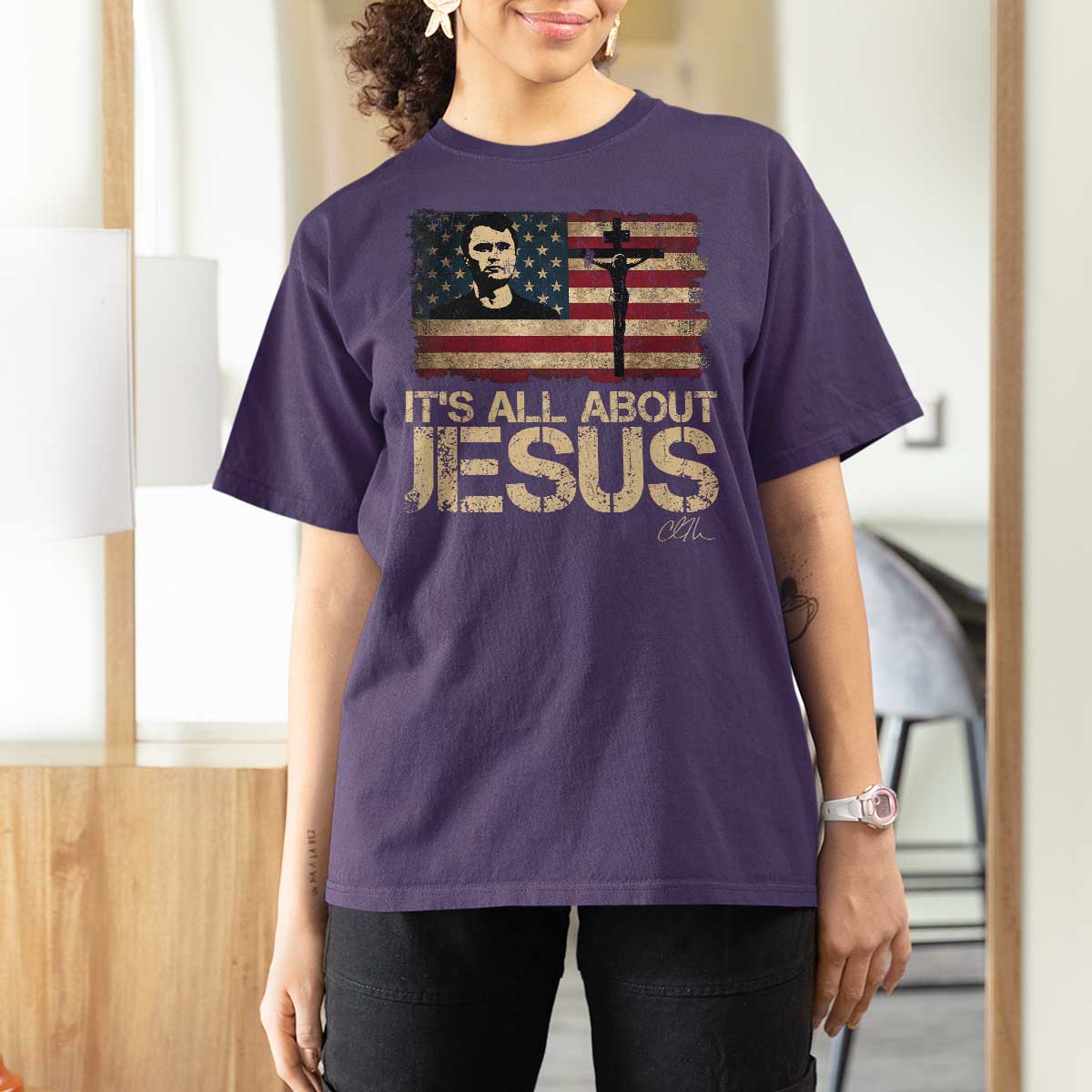 Charlie Kirk T Shirt For Women Its All About Jesus  USA Flag Patriotic Christian - Wonder Print Shop