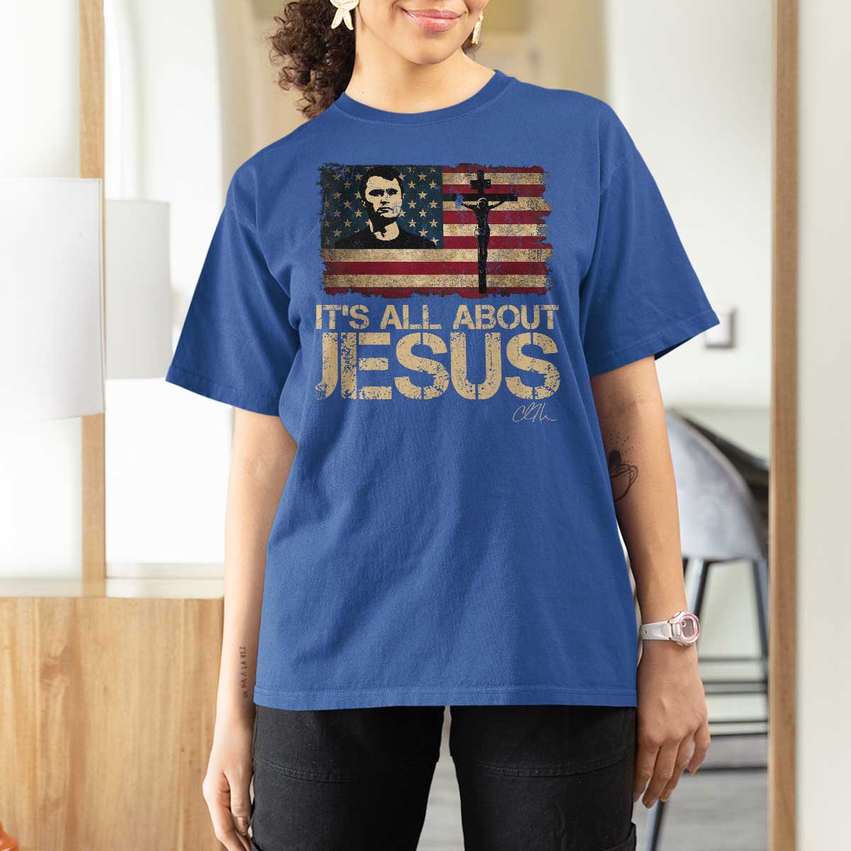 Charlie Kirk T Shirt For Women Its All About Jesus  USA Flag Patriotic Christian - Wonder Print Shop