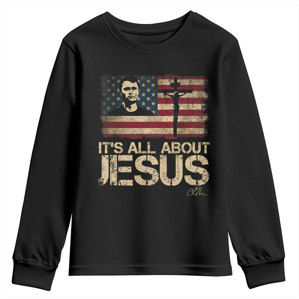Charlie Kirk Youth Sweatshirt Its All About Jesus  USA Flag Patriotic Christian - Wonder Print Shop