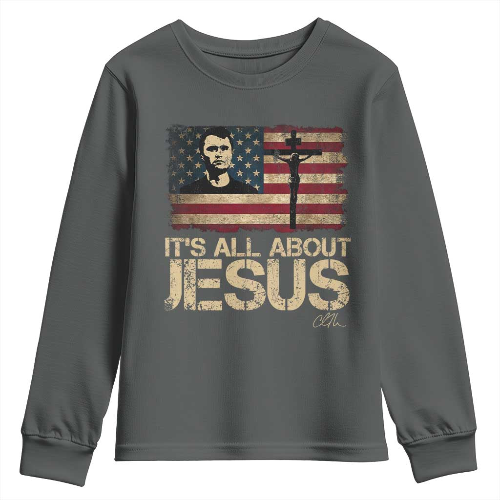 Charlie Kirk Youth Sweatshirt Its All About Jesus  USA Flag Patriotic Christian - Wonder Print Shop