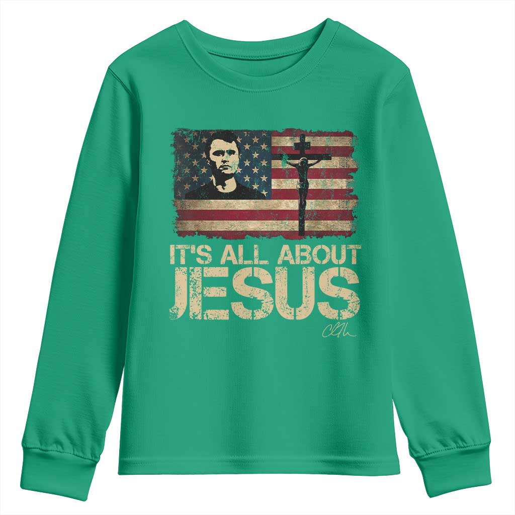 Charlie Kirk Youth Sweatshirt Its All About Jesus  USA Flag Patriotic Christian - Wonder Print Shop