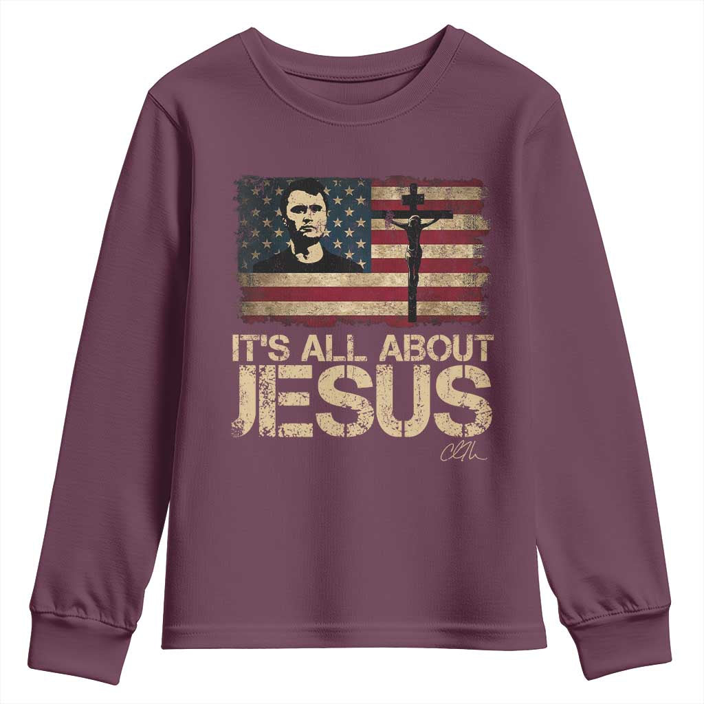Charlie Kirk Youth Sweatshirt Its All About Jesus  USA Flag Patriotic Christian - Wonder Print Shop