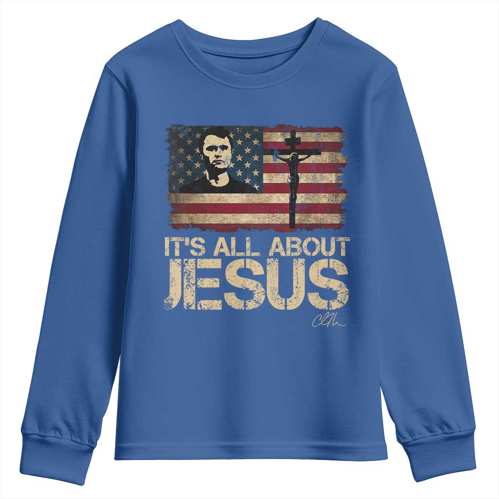Charlie Kirk Youth Sweatshirt Its All About Jesus  USA Flag Patriotic Christian - Wonder Print Shop