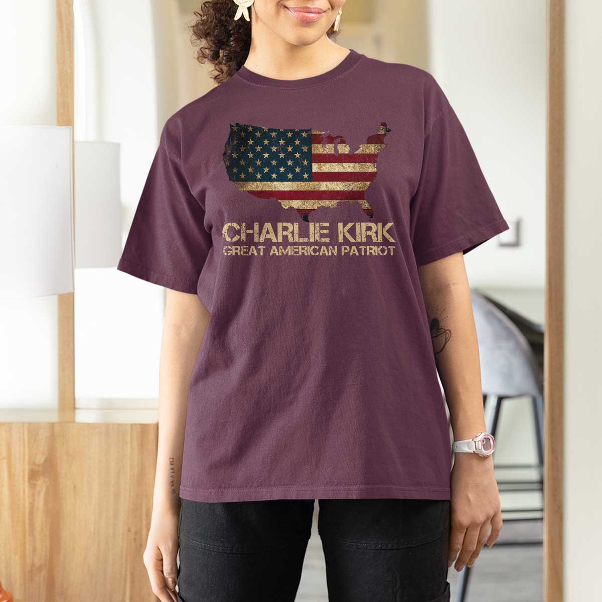 Charlie Kirk T Shirt For Women Great American Patriot USA Flag - Wonder Print Shop