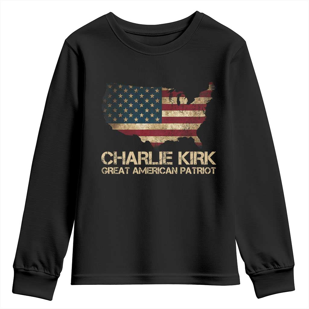 Charlie Kirk Youth Sweatshirt Great American Patriot USA Flag - Wonder Print Shop