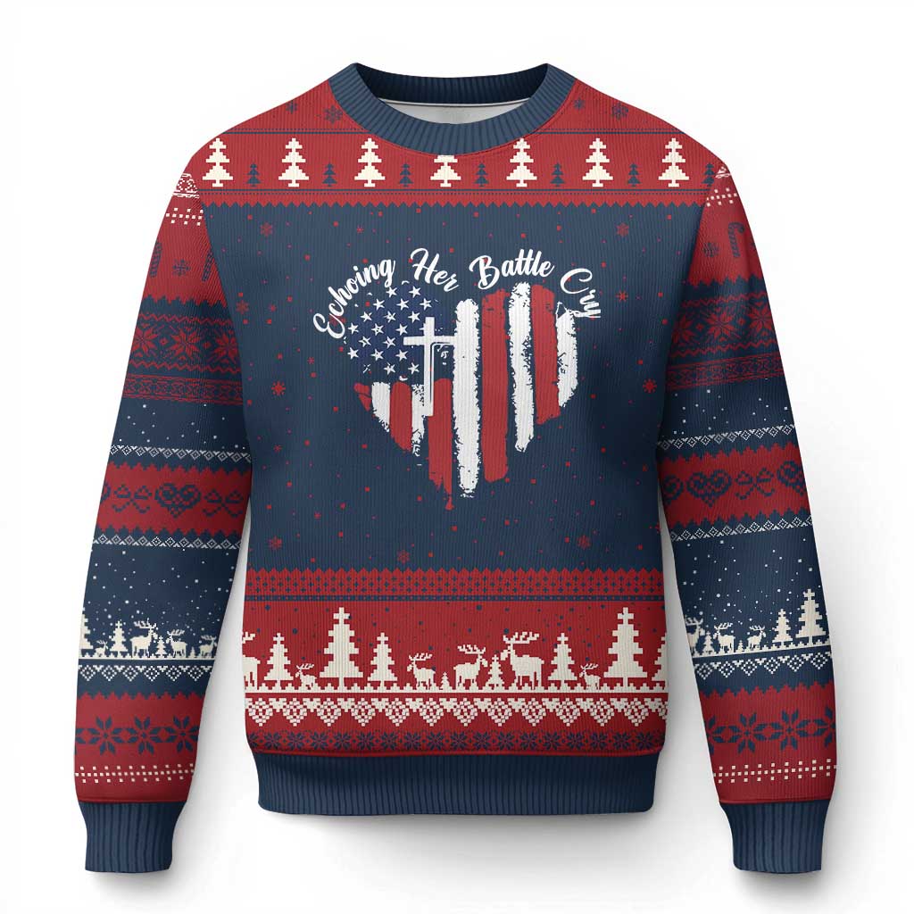 Charlie Kirk Memorial Ugly Christmas Sweater Battle Cry Erika Kirk Christian USA Flag Cross - Wonder Print Shop