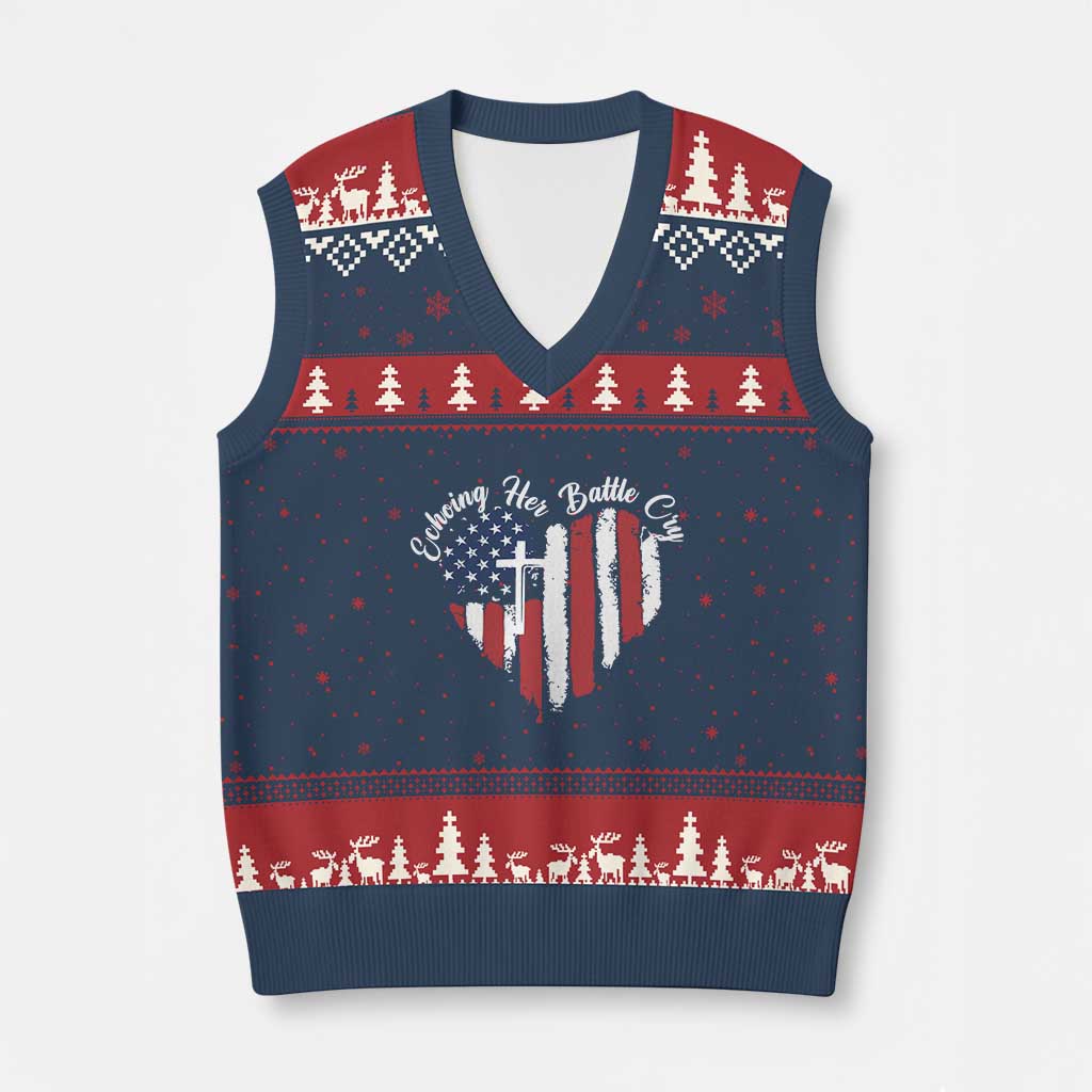 Charlie Kirk Memorial V-Neck Knit Sweater Vest Battle Cry Erika Kirk Christian USA Flag Cross - Wonder Print Shop