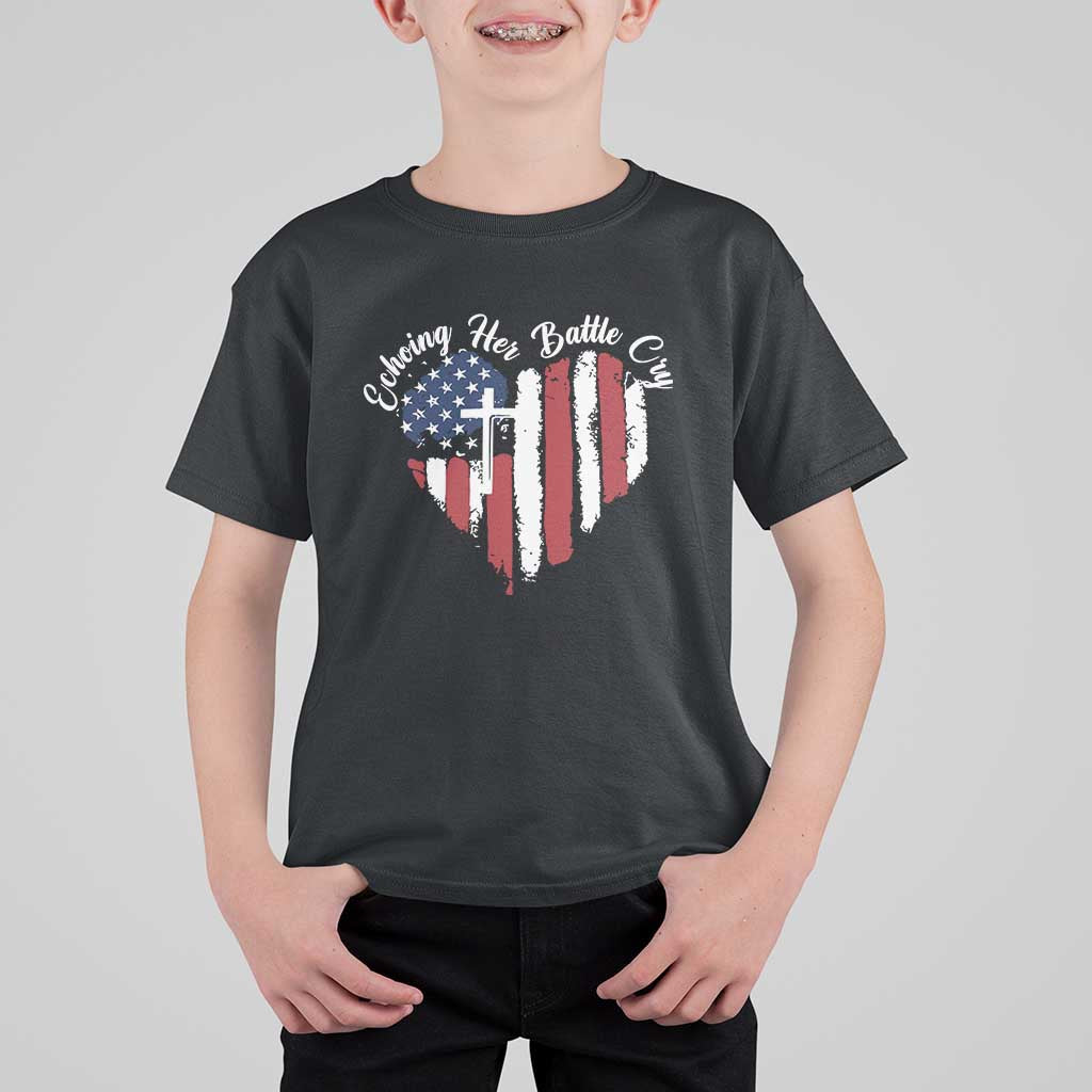 Charlie Kirk Memorial T Shirt For Kid Battle Cry Erika Kirk Christian USA Flag Cross - Wonder Print Shop