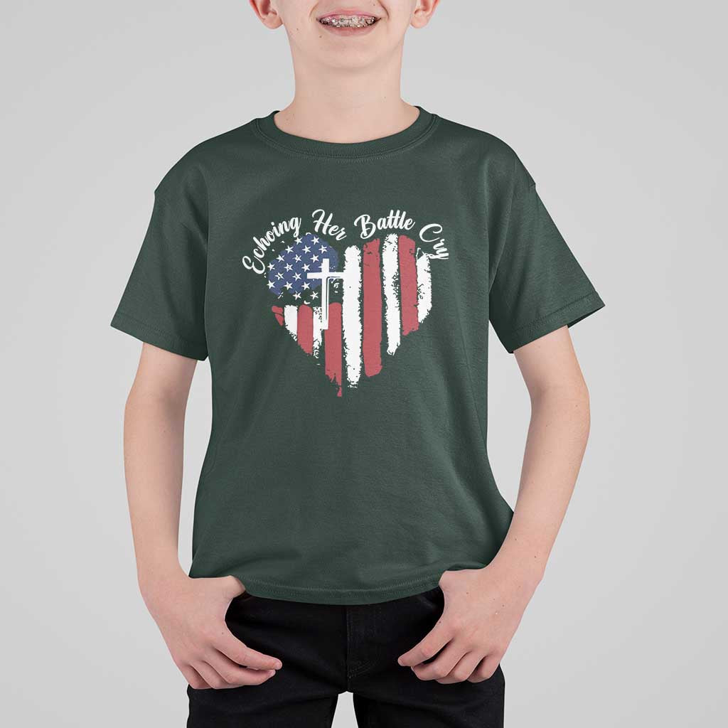 Charlie Kirk Memorial T Shirt For Kid Battle Cry Erika Kirk Christian USA Flag Cross - Wonder Print Shop