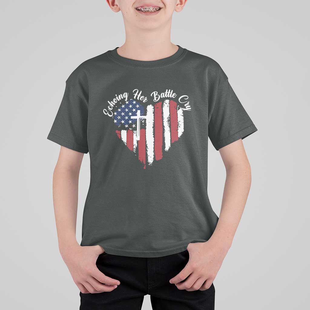 Charlie Kirk Memorial T Shirt For Kid Battle Cry Erika Kirk Christian USA Flag Cross - Wonder Print Shop