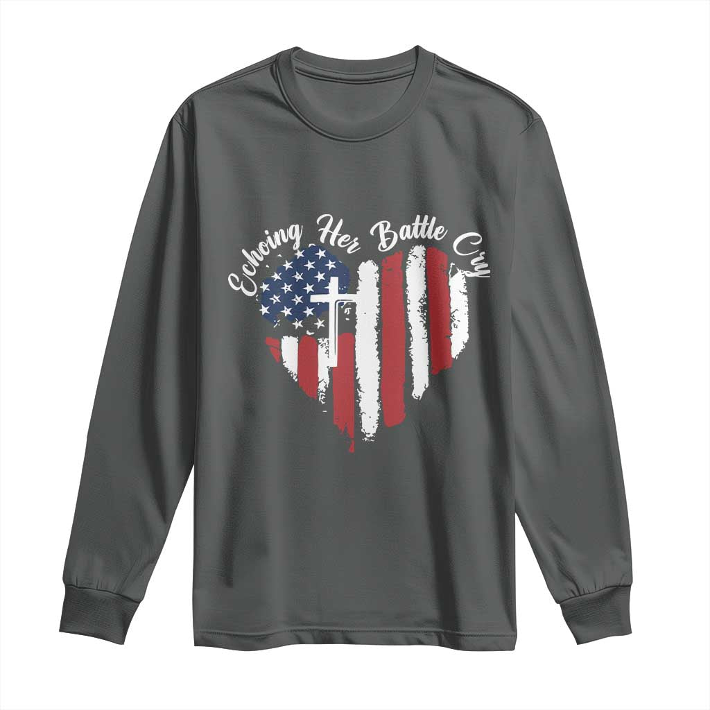 Charlie Kirk Memorial Long Sleeve Shirt Battle Cry Erika Kirk Christian USA Flag Cross - Wonder Print Shop
