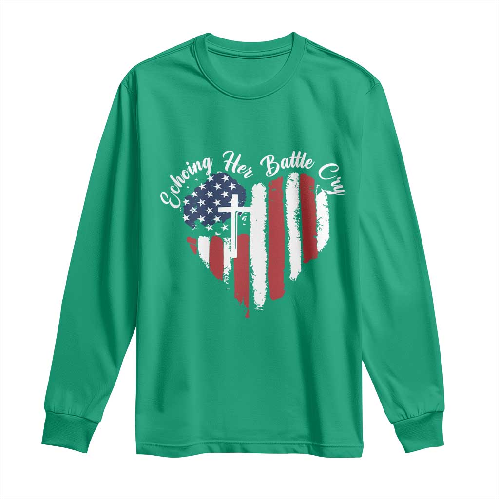 Charlie Kirk Memorial Long Sleeve Shirt Battle Cry Erika Kirk Christian USA Flag Cross - Wonder Print Shop