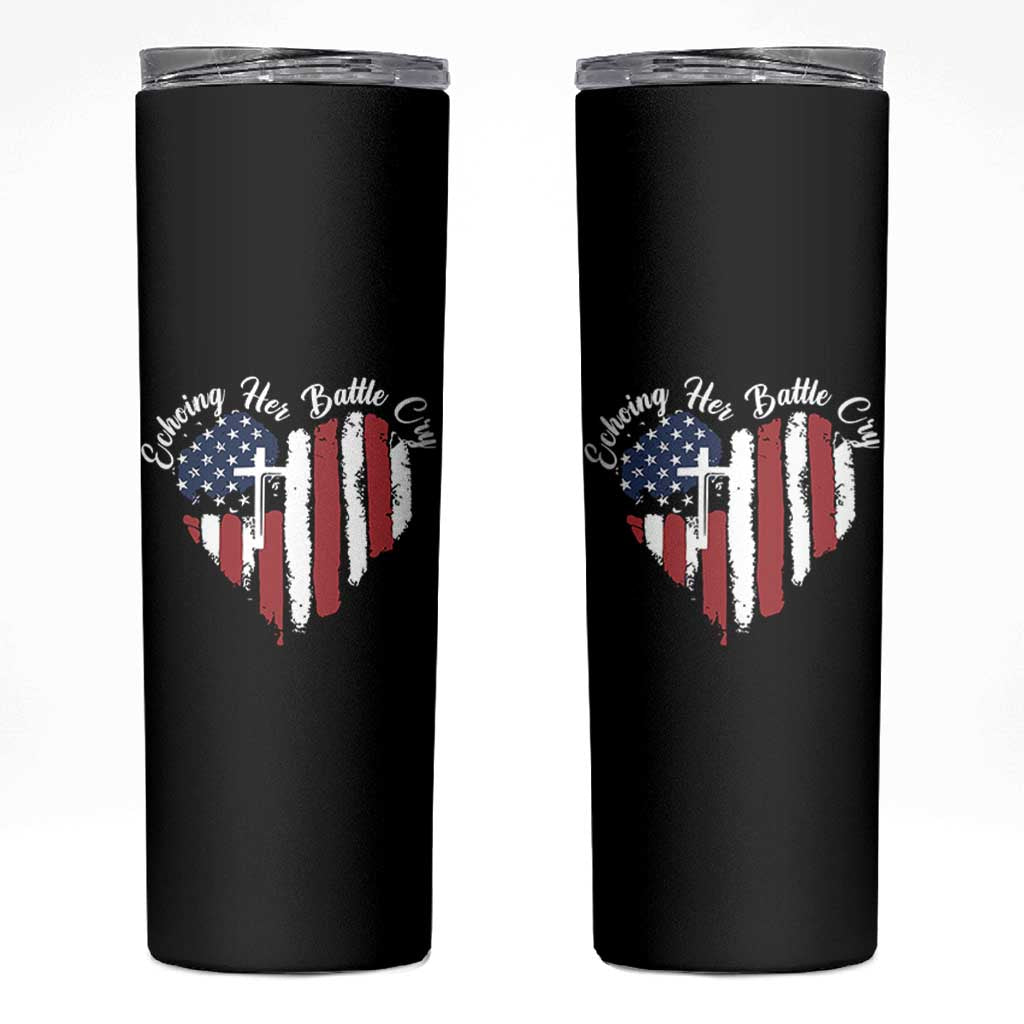 Charlie Kirk Memorial Skinny Tumbler Battle Cry Erika Kirk Christian USA Flag Cross - Wonder Print Shop