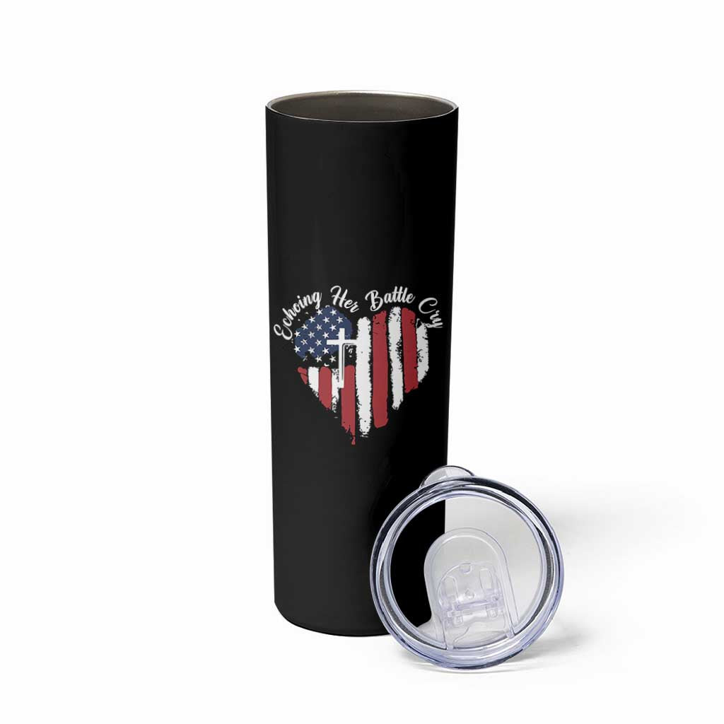 Charlie Kirk Memorial Skinny Tumbler Battle Cry Erika Kirk Christian USA Flag Cross - Wonder Print Shop