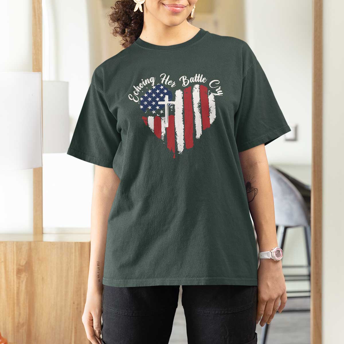 Charlie Kirk Memorial T Shirt For Women Battle Cry Erika Kirk Christian USA Flag Cross - Wonder Print Shop