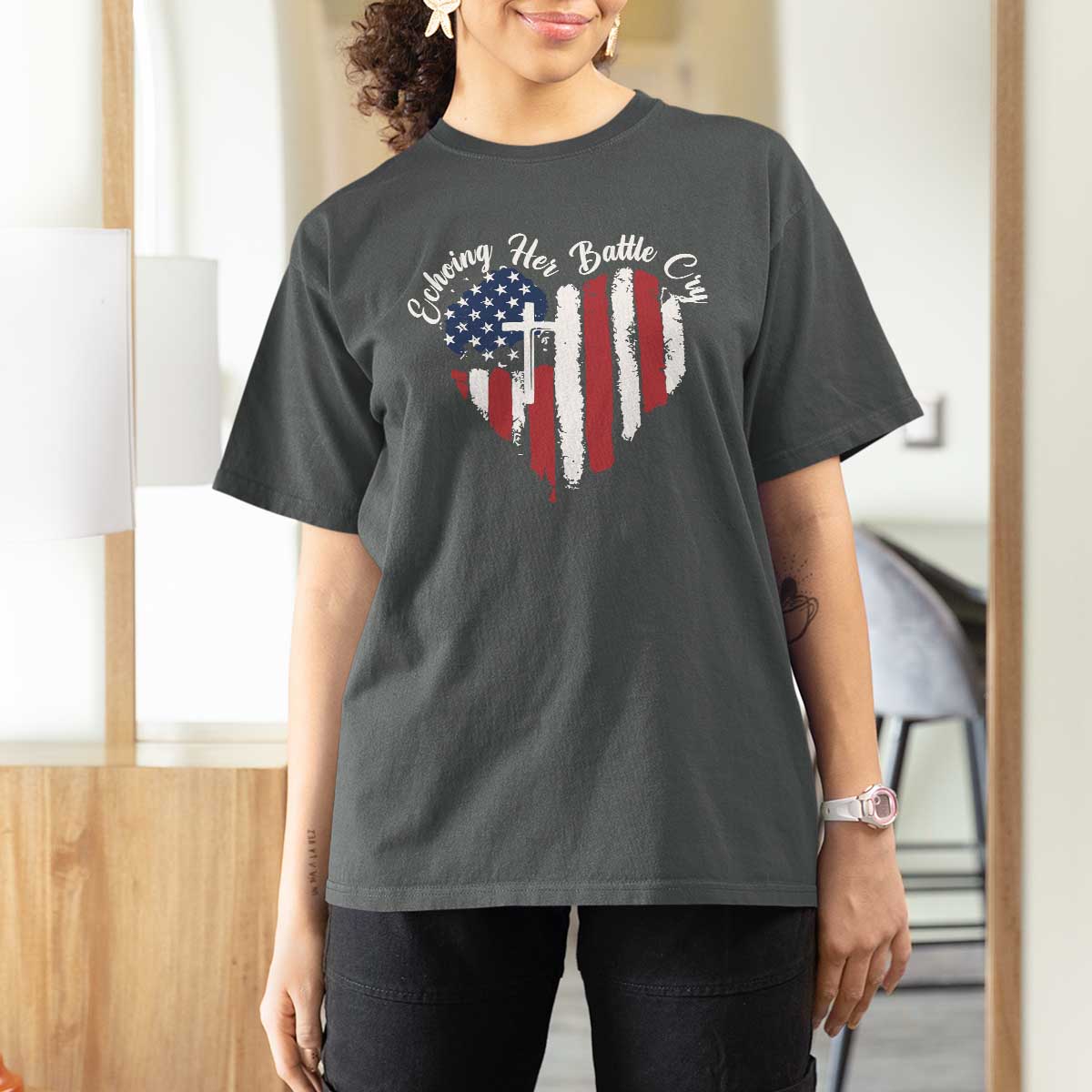 Charlie Kirk Memorial T Shirt For Women Battle Cry Erika Kirk Christian USA Flag Cross - Wonder Print Shop