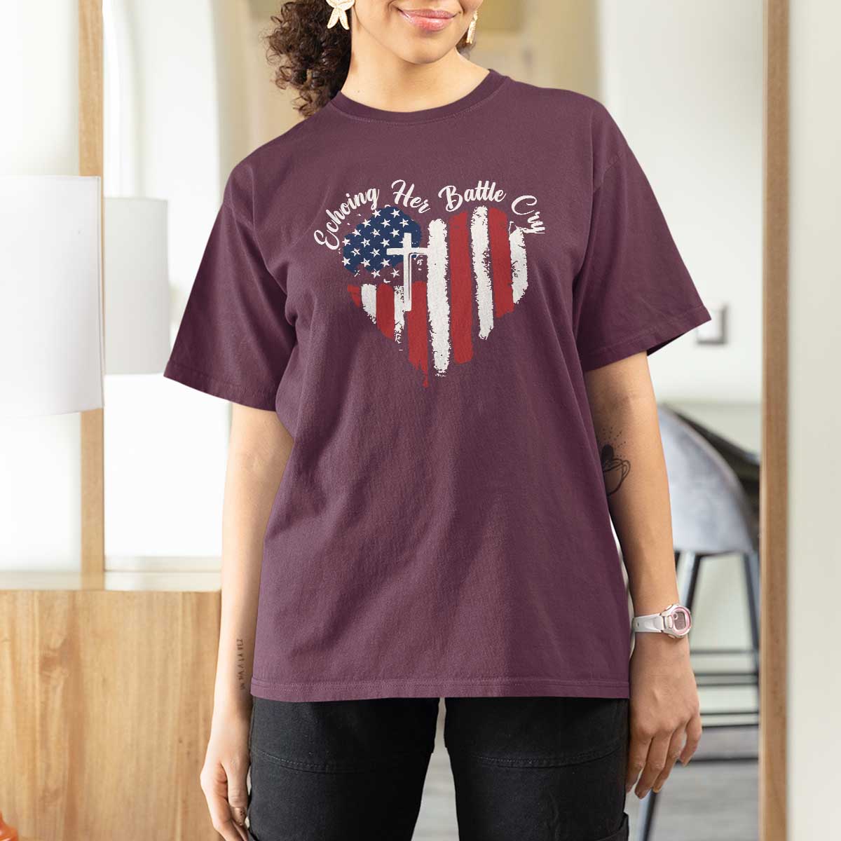 Charlie Kirk Memorial T Shirt For Women Battle Cry Erika Kirk Christian USA Flag Cross - Wonder Print Shop