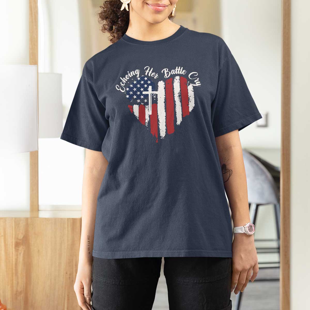 Charlie Kirk Memorial T Shirt For Women Battle Cry Erika Kirk Christian USA Flag Cross - Wonder Print Shop