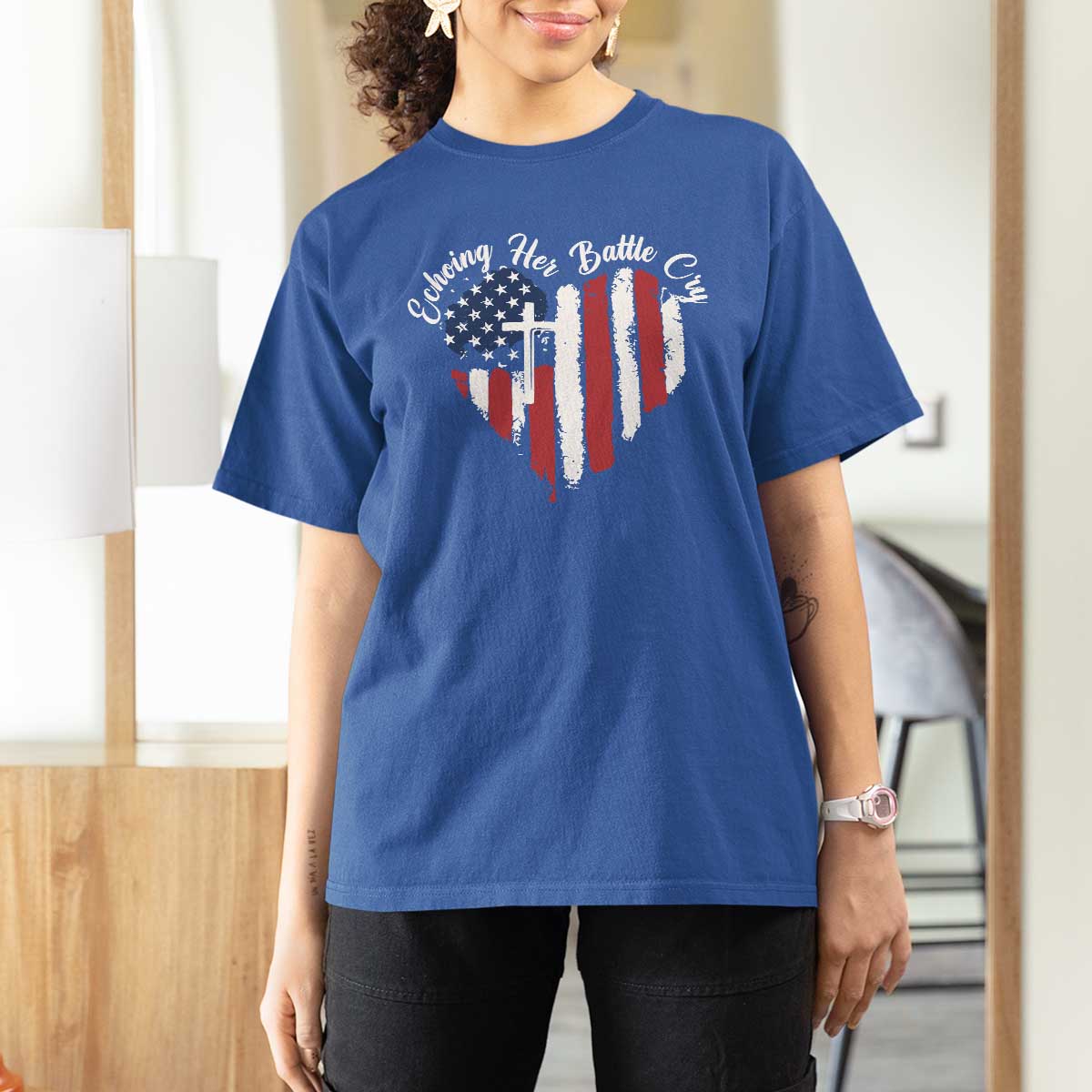Charlie Kirk Memorial T Shirt For Women Battle Cry Erika Kirk Christian USA Flag Cross - Wonder Print Shop