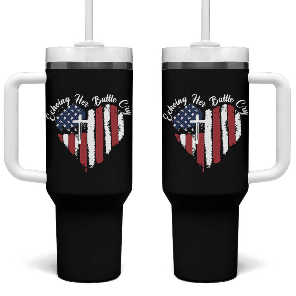 Charlie Kirk Memorial Tumbler With Handle Battle Cry Erika Kirk Christian USA Flag Cross - Wonder Print Shop