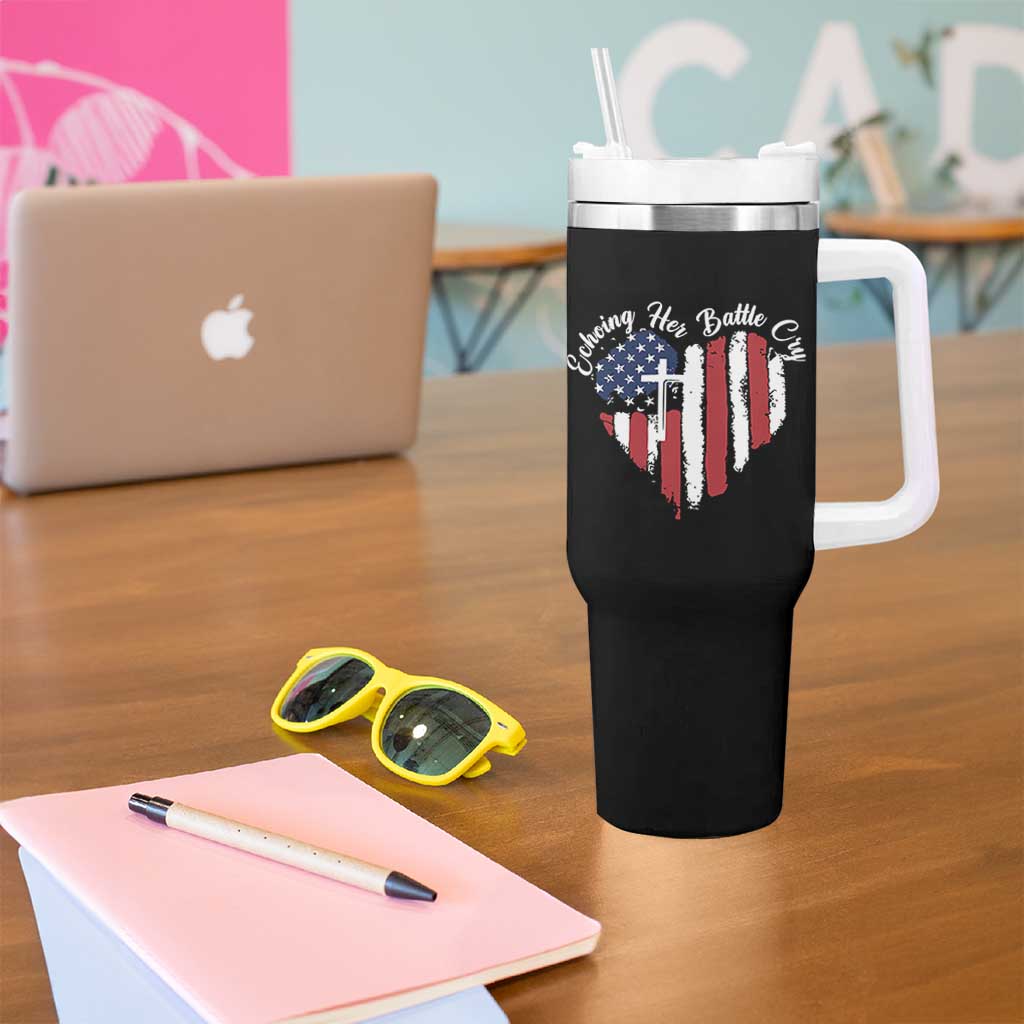 Charlie Kirk Memorial Tumbler With Handle Battle Cry Erika Kirk Christian USA Flag Cross - Wonder Print Shop