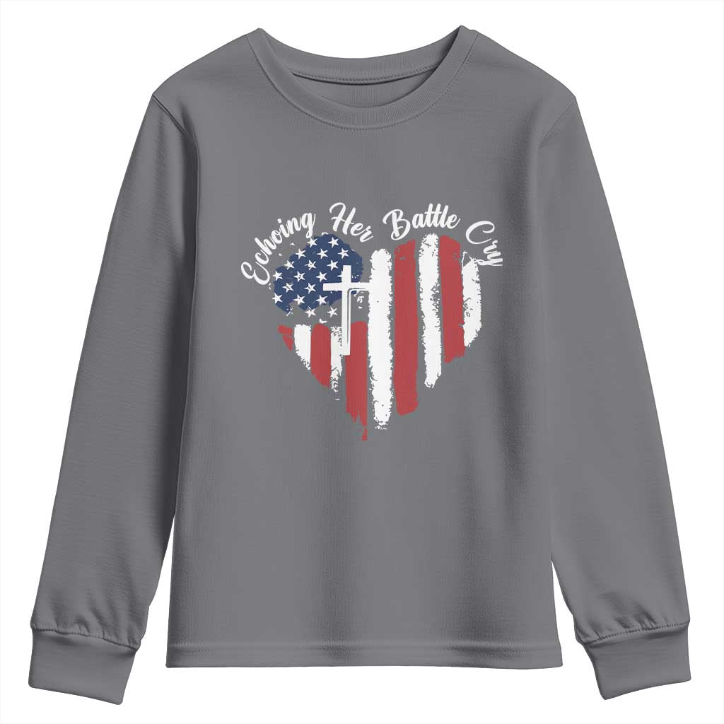 Charlie Kirk Memorial Youth Sweatshirt Battle Cry Erika Kirk Christian USA Flag Cross - Wonder Print Shop