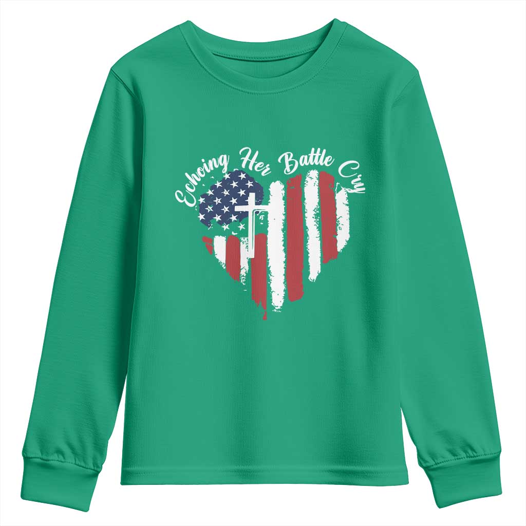 Charlie Kirk Memorial Youth Sweatshirt Battle Cry Erika Kirk Christian USA Flag Cross - Wonder Print Shop