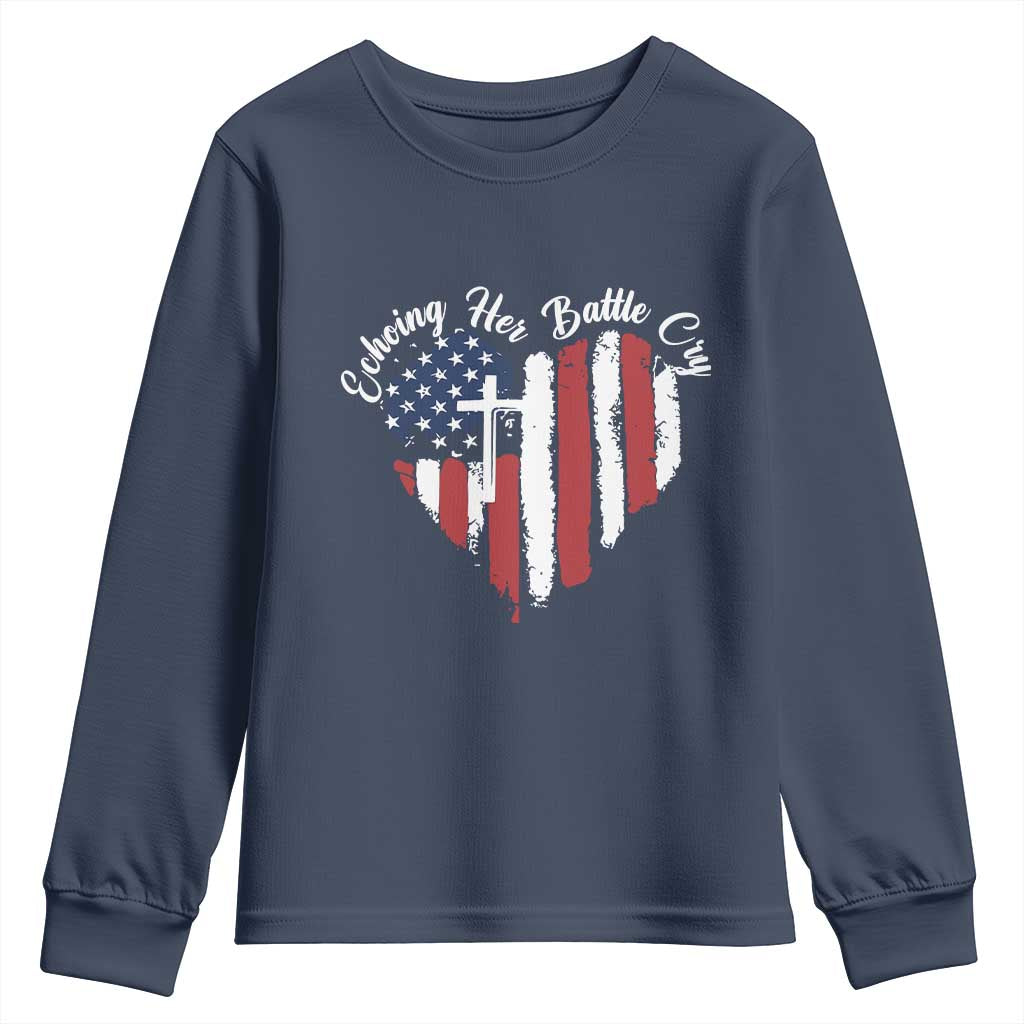 Charlie Kirk Memorial Youth Sweatshirt Battle Cry Erika Kirk Christian USA Flag Cross - Wonder Print Shop