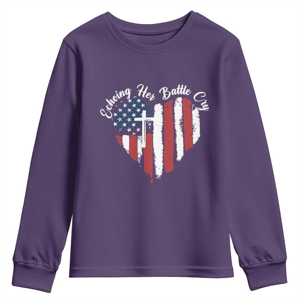 Charlie Kirk Memorial Youth Sweatshirt Battle Cry Erika Kirk Christian USA Flag Cross - Wonder Print Shop