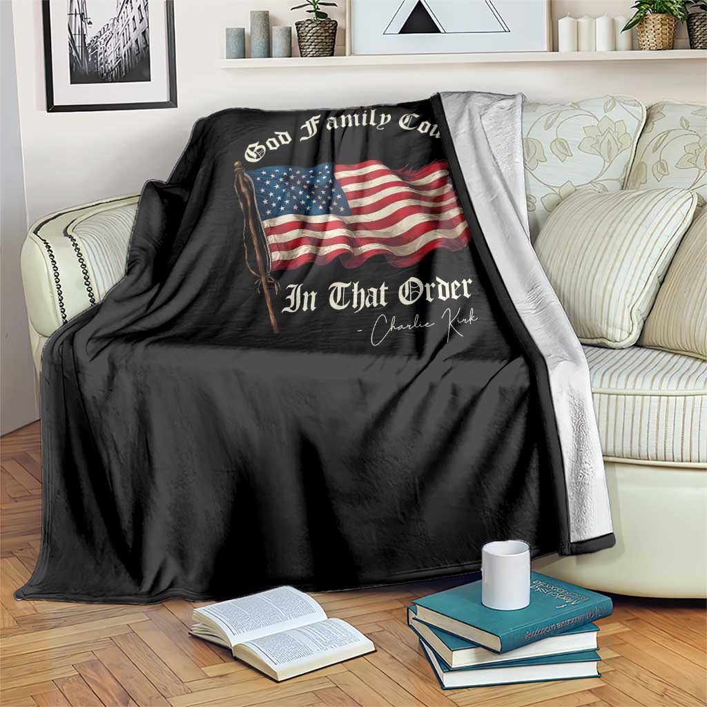 God Family Country In That Order Throw Blanket Charlie Kirk Patriotic Christian Vintage USA Flag - Wonder Print Shop