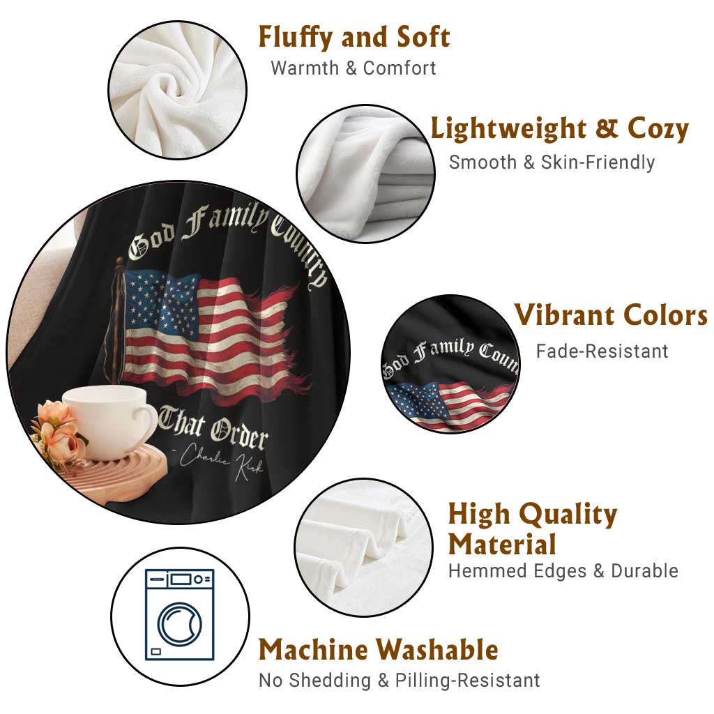God Family Country In That Order Throw Blanket Charlie Kirk Patriotic Christian Vintage USA Flag - Wonder Print Shop