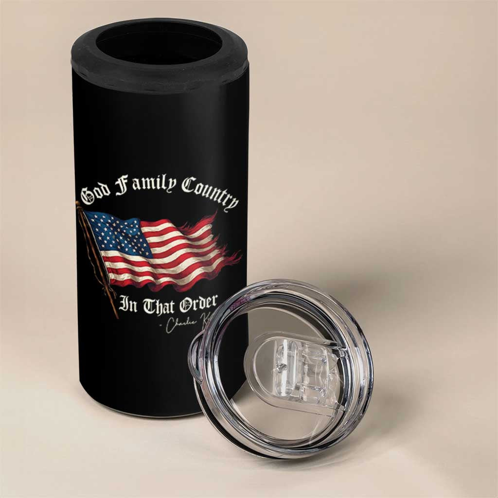 God Family Country In That Order 4 in 1 Can Cooler Tumbler Charlie Kirk Patriotic Christian Vintage USA Flag - Wonder Print Shop