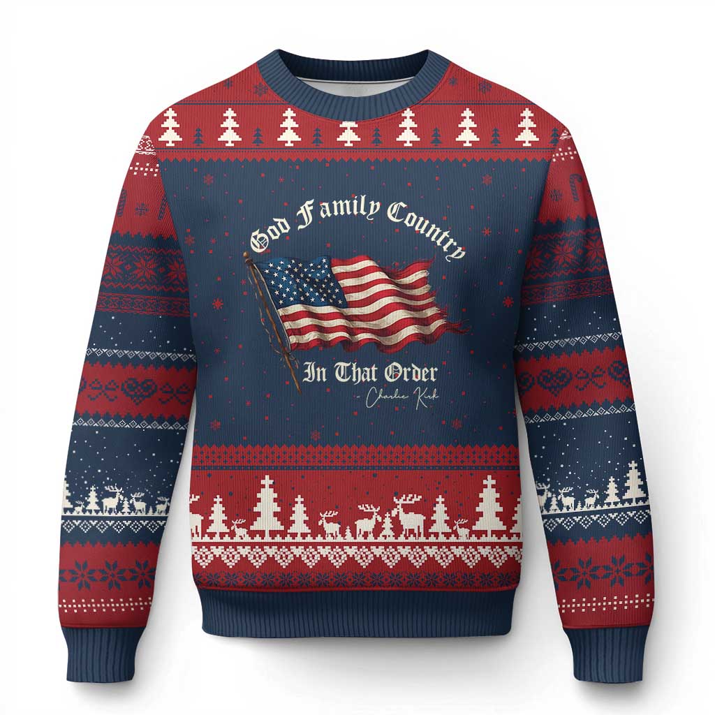 God Family Country In That Order Ugly Christmas Sweater Charlie Kirk Patriotic Christian Vintage USA Flag - Wonder Print Shop