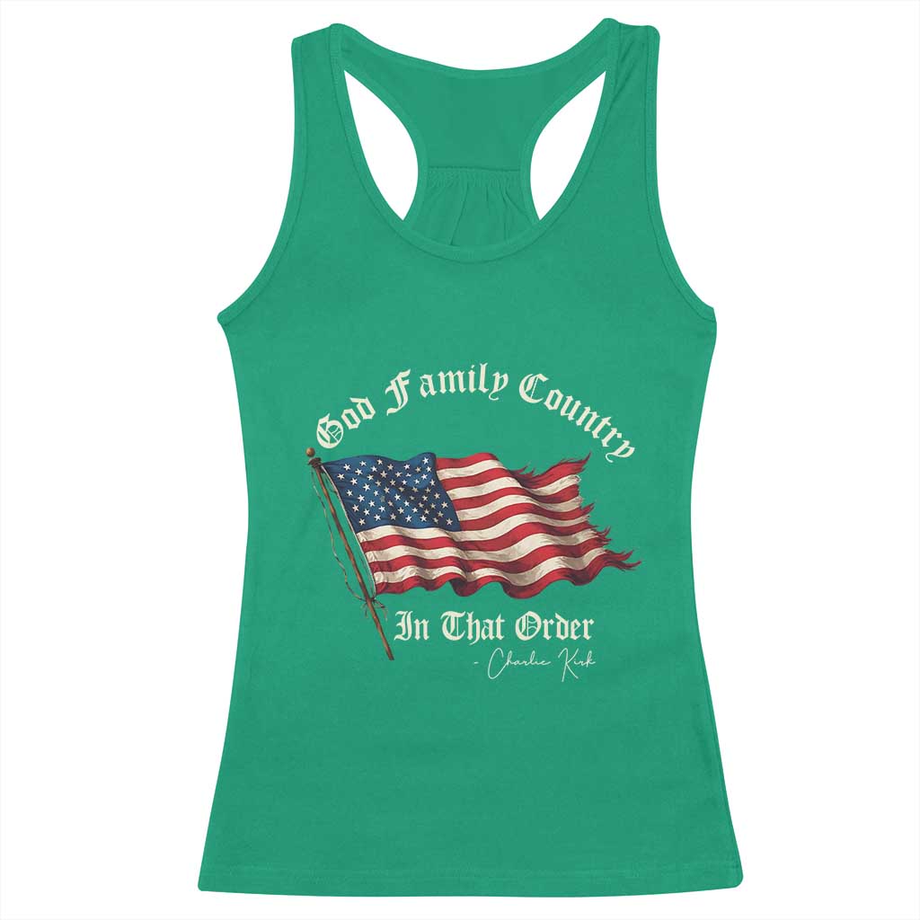 God Family Country In That Order Racerback Tank Top Charlie Kirk Patriotic Christian Vintage USA Flag - Wonder Print Shop
