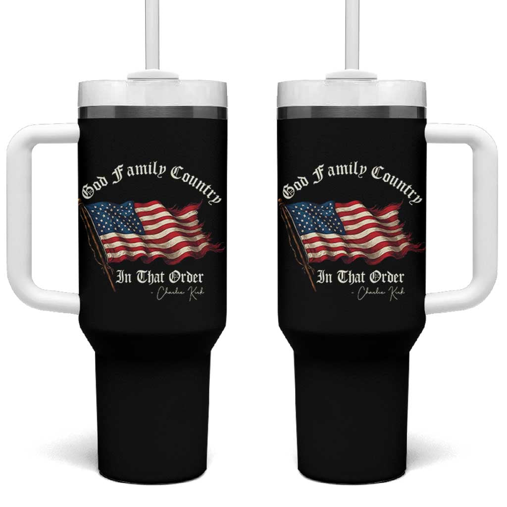 God Family Country In That Order Tumbler With Handle Charlie Kirk Patriotic Christian Vintage USA Flag - Wonder Print Shop