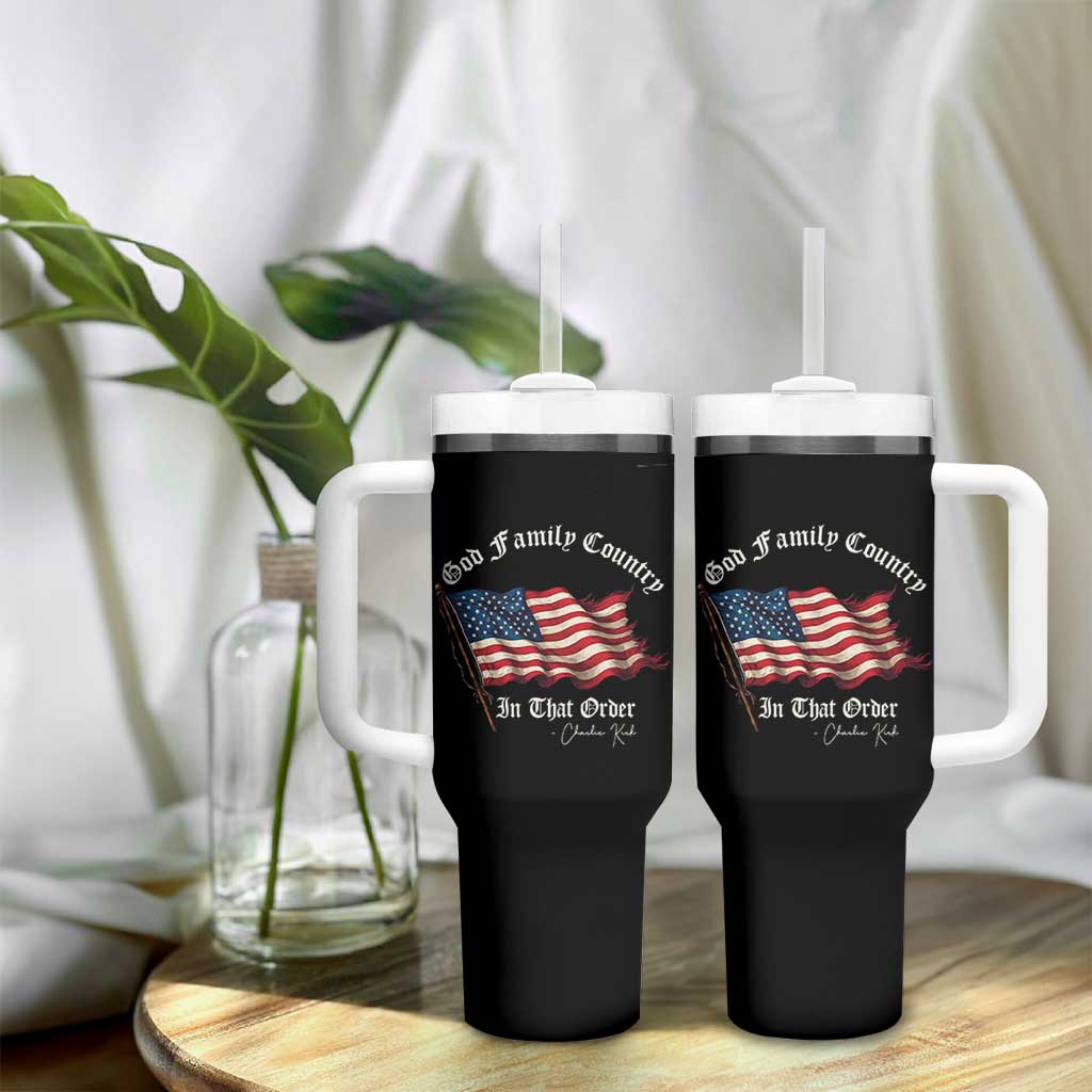 God Family Country In That Order Tumbler With Handle Charlie Kirk Patriotic Christian Vintage USA Flag - Wonder Print Shop