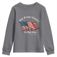 God Family Country In That Order Youth Sweatshirt Charlie Kirk Patriotic Christian Vintage USA Flag - Wonder Print Shop