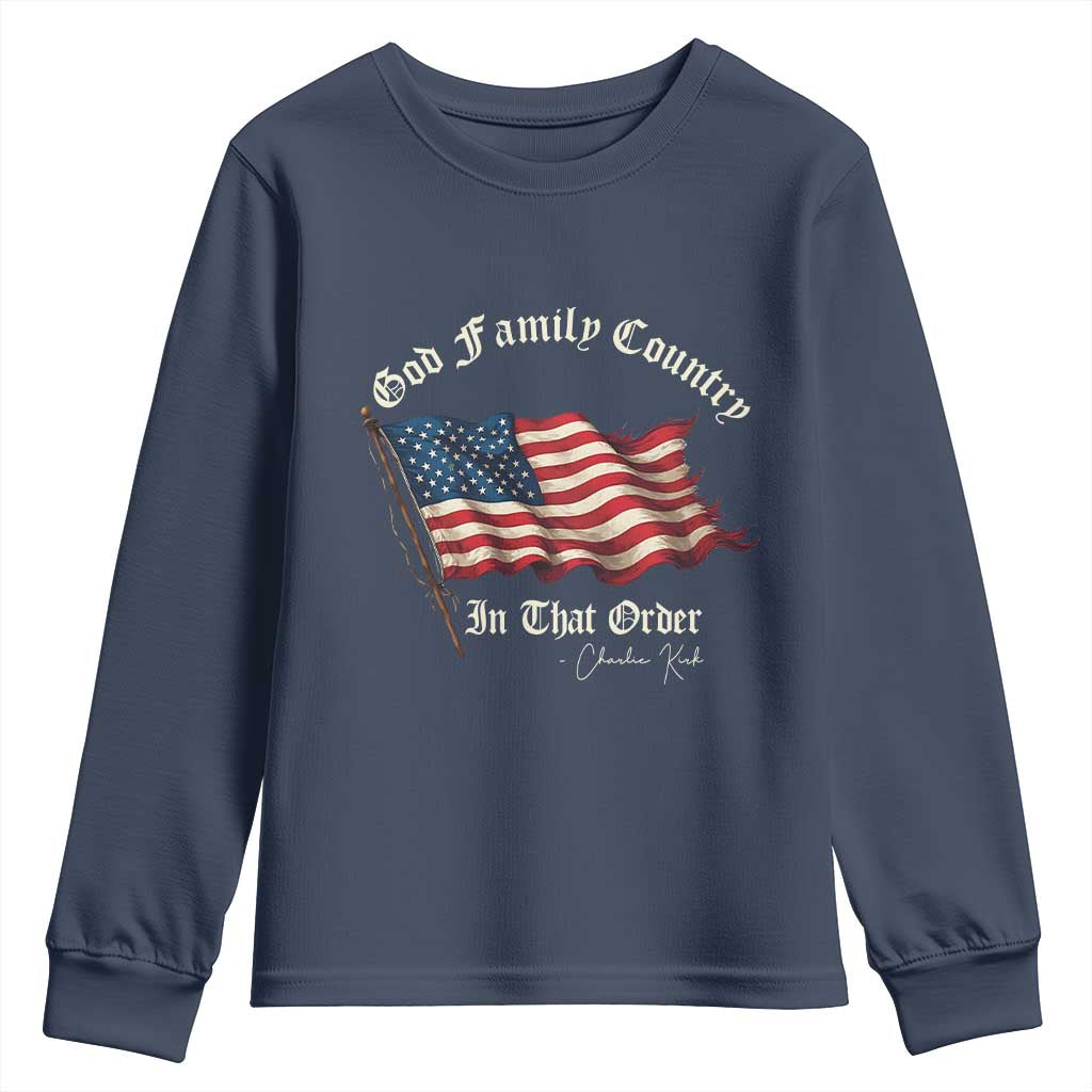 God Family Country In That Order Youth Sweatshirt Charlie Kirk Patriotic Christian Vintage USA Flag - Wonder Print Shop