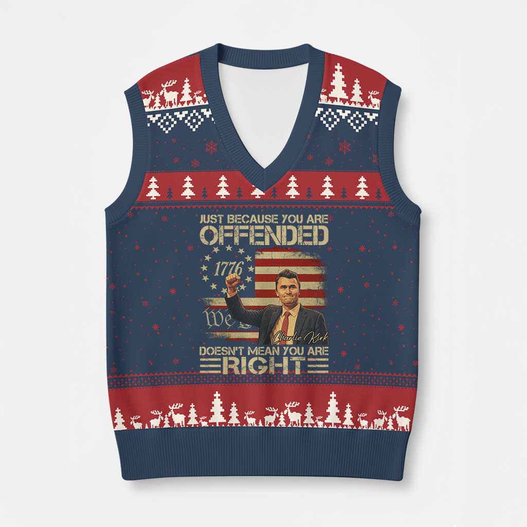 Charlie Kirk Memorial V-Neck Knit Sweater Vest Freedom Commemorative USA Flag Tribute - Wonder Print Shop