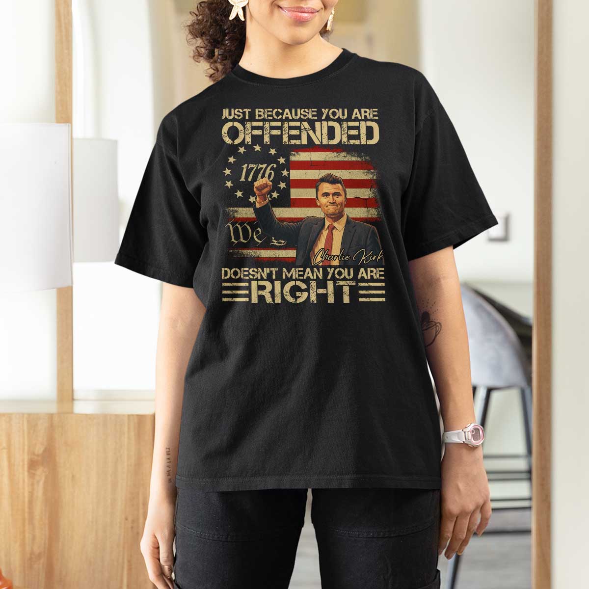 Charlie Kirk Memorial T Shirt For Women Freedom Commemorative USA Flag Tribute - Wonder Print Shop