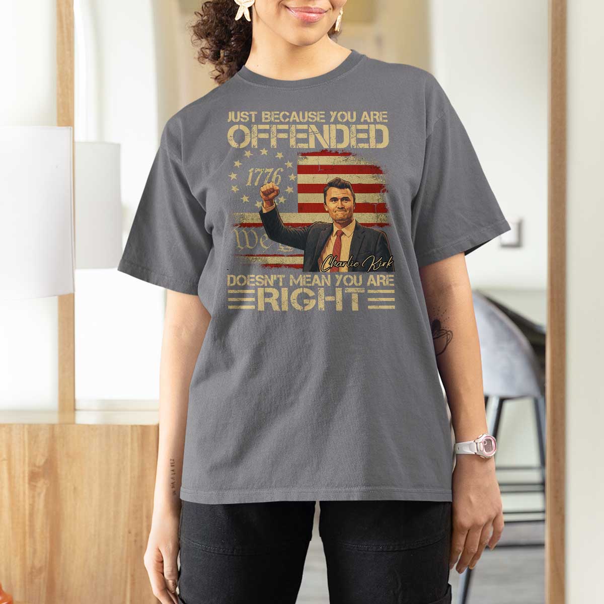 Charlie Kirk Memorial T Shirt For Women Freedom Commemorative USA Flag Tribute - Wonder Print Shop