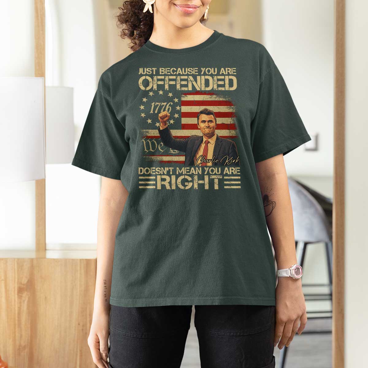 Charlie Kirk Memorial T Shirt For Women Freedom Commemorative USA Flag Tribute - Wonder Print Shop